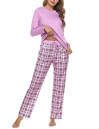 Uniexcosm Pijama Mujer Largo, Pijama Mujer Cuadros Pijama Conjunto Mujer Algodón Conjuntos de Pijama con Cuello Redondo Plaid Pajamas 2 Piezas con Bolsillo Suave para Hogar A:Rosado XL