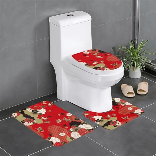和風 和柄 花柄 トイレマット 3点セット フタカバー 浴室足ふきマット 吸水 速乾 滑り止め 抗菌 防臭 洗える ふわふわ プレゼント 40x60cm