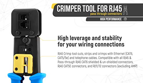 Image of Everest Media Solutions RJ45 Crimp Tool for Pass Through Connector End - EZ Cut, Strip, Crimp Cat5e & Cat6 Ethernet Cables - Heavy Duty Crimper for RJ45 Plugs - Professional Network Crimping Tool