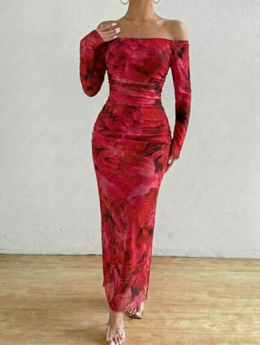 Image of LIGHT DOT Women's Printed Off Shoulder Maxi Dress Long Sleeve Bodycon Ruched Mesh Cocktail Dress