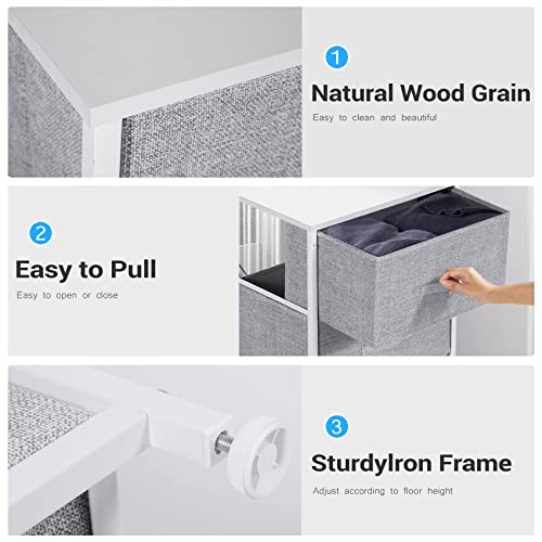 Dresser with 4 Drawers - Fabric Chest of Drawers with Large Storage Space, Modern Tall Tower Unit Storage Organiser for Living Room/Bedroom, Wooden Top and Metal Frame (White/Grey)