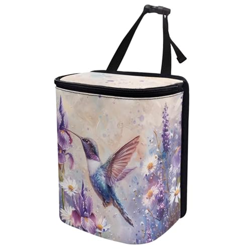 Image of Talayituse Hummingbird Daisy Lavender Print Car Trash Bin, Large Size Auto Trash Can Adjustable Portable Garbage Can with Lid, Vehicle Hanging Bag for Headrest Front Back Seat