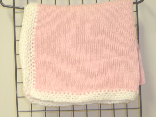 Ck641, Knitted on Hand Knitting Machine Raspberry Cotton 31” By 45” Blanket Trimmed By Hand Crochet with White Chenille for Newborns and Infants