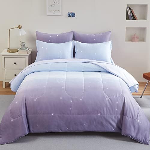 Girls Comforter Set Queen Size Colorful Ombre Purple Rainbow Bedding Set Bed in A Bag for Kid Teen Girls Women 7 Pieces (1 Comforter, 1 Flat Sheet, 1 Fitted Sheet, 2 Pillow Shams, 2 Pillowcases)