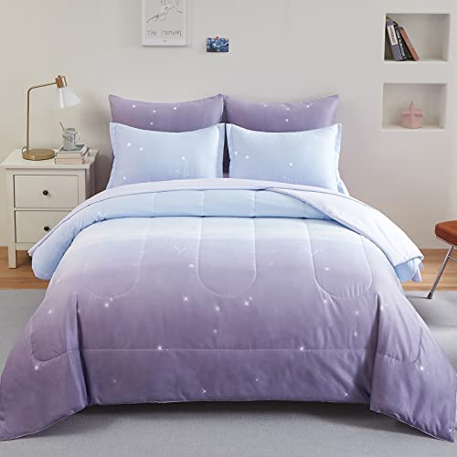Image of Dinjoy Girls Comforter Set Full Size Colorful Ombre Purple Rainbow Bedding Set Bed in A Bag for Kid Teen Girls 7 Pieces (1 Comforter, 1 Flat Sheet, 1 Fitted Sheet, 2 Pillow Shams, 2 Pillowcases)