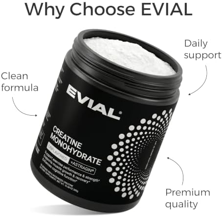 evial Creatine Monohydrate Powder with AstraGin, Micronized Unflavored Creatine for Women and Men, 5 g Scoop, Pre Post Workout Supplement, Sugar Free, Gluten Free, Soy Free, 300 g - 5
