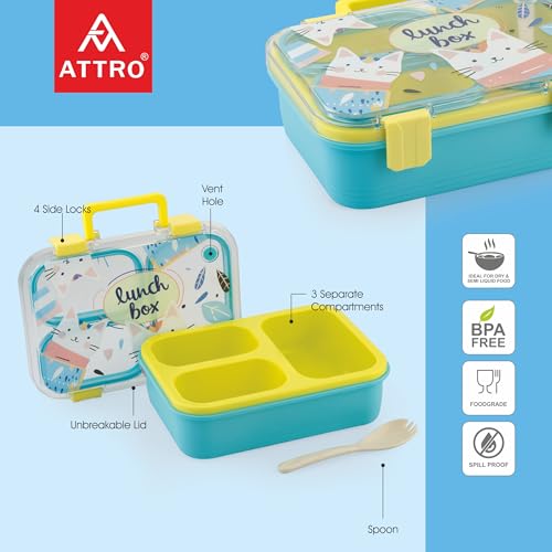 Image of ATTRO Kitty Kart Plastic Lunch Box - 3 Compartment Bento Tiffin, Leak-Proof & Durable, Plastic Cutlery, Ideal for Kids, School,Picnic - 800ml, Yellow Blue