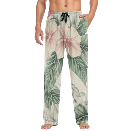 ALAZA Retro Pink Red Flowers Tropical Leaves Men’s Pajama Pants Soft Long Sleep Pants Lounge Pajama Bottoms with Pockets3