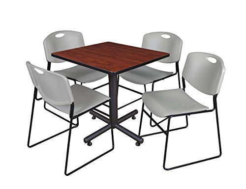 Regency Kobe 30-Inch Square Breakroom Table, Cherry, and 4 Zeng Stack Chairs- Grey