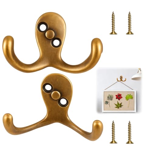 2PCS Antique Brass Double Coat Hooks, Heavy Duty Metal Hooks with Screws Door Wall Robe Dress Garment Hangers Brass Hooks Gold Coat Hooks for Hanging Coats Towels and Hats Bathroom Bedroom Office