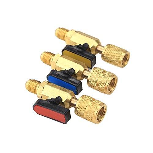 3Pcs Color Coded R410A Refrigerant Straight Ball Valves AC Charging Hoses Brass