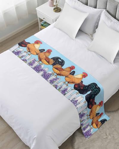 Retro Rooster Bed Runner for King Size, Spring Floral Farmhouse Animals Bedspread Protector Slipcover Bed Scarf for Foot Runners & Scarves for Bedroom Hotel Wedding Room 102x20 Inches