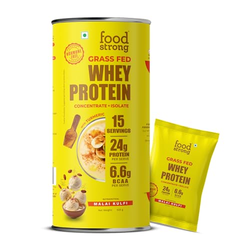 Image of Foodstrong Whey Protein Powder (Concentrate + Isolate), 100% Hormone Free Grass-Fed Whey, 24G Protein & 6.6G BCAA, Malai Kulfi, With Turmeric & Digestive Enzymes, (15 Sachets), 525G