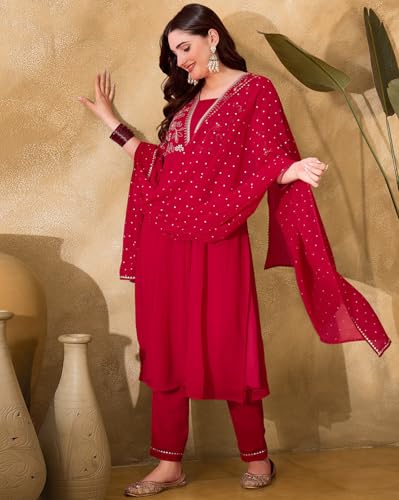 Image of SheWill Kurta Set for Women - Maroon Velvet Zari Sequence Cording Embroidered Kurta with Pant and Cutwork Organza Dupatta