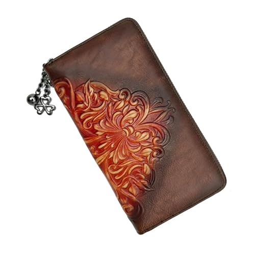 Image of Wallet Genuine Leather for Women - with RFID Blocking Card checkbook ID Slot Large Capacity Vintage style (floral coffee)