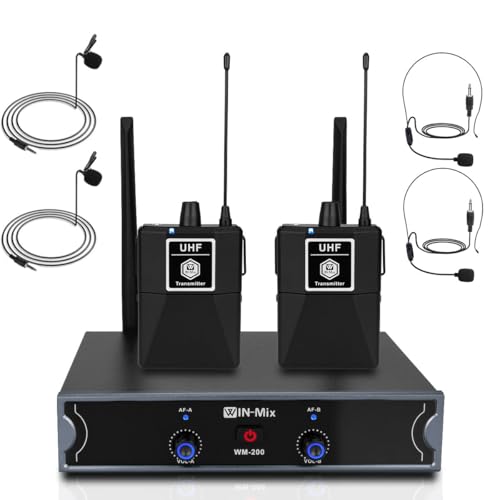 W IN-MIX Professional Dual Bodypack Wireless Microphone System – 260ft UHF Range, Fixed Frequency with Lapel Mics for Church, Wedding & Conference