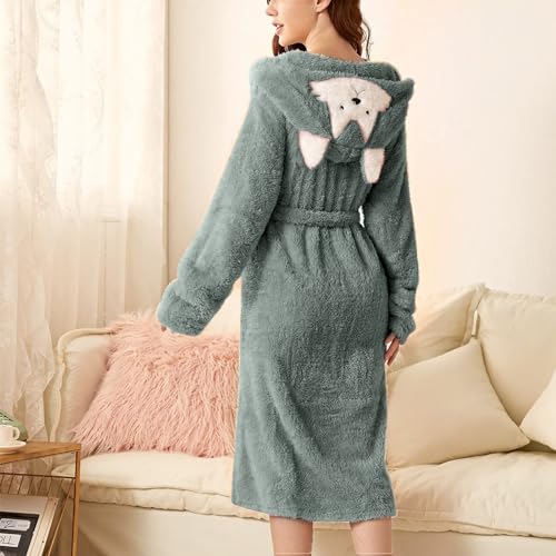 HGps8w Women Girls Cute Ears Hooded Plush Robe, Fleece Cozy Warm Bathrobe Fuzzy Female Spa Robe with Pockets & Belt2