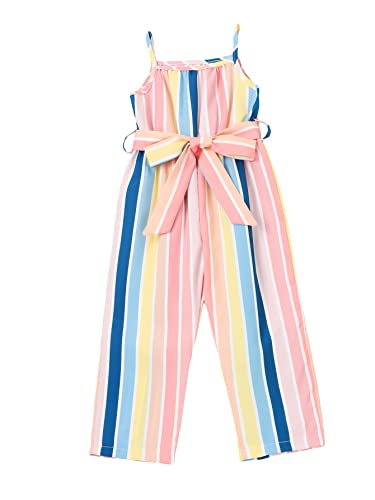 Romwe Girl's Striped Spaghetti Strap Sleeveless Belted Cami Jumpsuit Romper Multicolor 120 #TOP8
