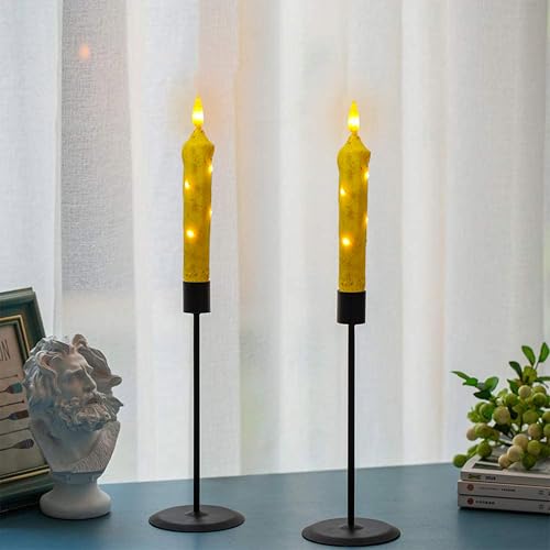 Image of 6.5 Inches Primitive Real Wax LED Flameless Short Candlesticks Hand Dipped Battery Operated Taper Candles with Timer Remote Candles for Vintage Rustic Home Decor, Pack of 4(Yellow)