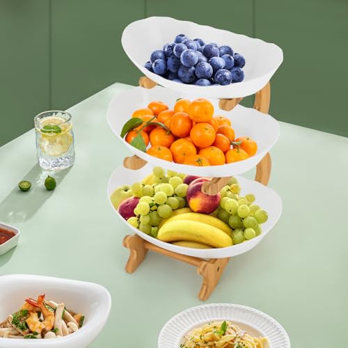 MEELRYD Soporte para frutas de 3 pisos con soporte de bambú natural, cuencos decorativos para encimera, material PP, frutero, soporte para frutas, verduras, pasteles, dulces (blanco)