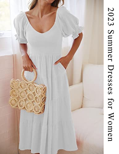 Women 2023 Dresses with Pockets Boho Sweetheart Neckline Puff Short Sleeves Midi Summer Dress - Thumbnail 2