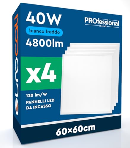 4 Pannelli LED 60x60 40W da Incasso Quadrati 4800 lumen con Driver Philips - Luce Fredda 6500K - Plafoniera da Ufficio ad Alta Luminosità 120 lm/W Lampada Piatta per Controsoffitti Modulari