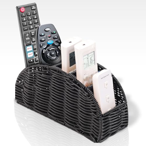 5-Compartment Remote Control Holder – Synthetic Rattan Organizer for TV Remotes, Makeup Brushes, Office Supplies, Stylish Wicker Desk Caddy for Living Room, Bedroom, Office, Patent Pending (Black)