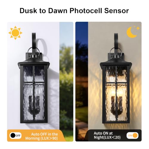 Image of 2 Pack Dusk to Dawn Outdoor Wall Lights, 23.9 inch Black | Waterproof Exterior Lantern with Water Ripple Glass, Modern Wall Light Fixture Mounted, Large Outside Light for Garage Patio