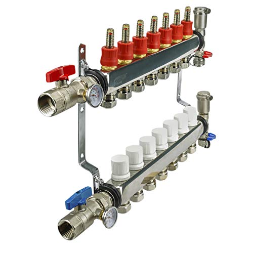Image of Midline Valve NQT107 PEX Manifold 1 /2 in. for Radiant Heating System; with Valves, Vents, Gauges, and Mounting Brackets; Stainless Steel; 7 Port