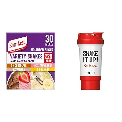 SlimFastVariety Shakes Sachet Assorted Box, Chocolate, Strawberry, Vanilla and Banana Flavours, 10 Count (Pack of 3) + Leak Proof Shaker Bottle with Storage Compartment, 500 ml