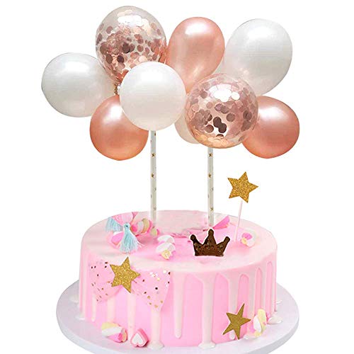 Rose Gold Balloon Cloud Cake Topper, Mini Balloon Garland Cake Topper 10Pcs 5Inch Rose Gold Confetti Balloon for Girl Birthday Bridal Shower Party Decorations