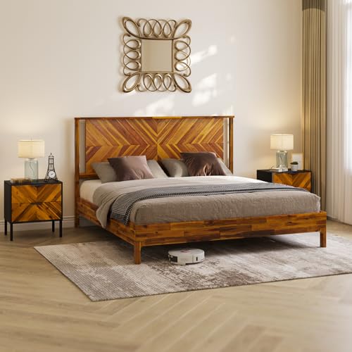 Image of Bme Vivian Nightstand with 2 Drawers, Solid Acacia Wood Bedside Table, Rustic Golden Brown Mid Legacy Modern Night Stand with Storage for Bedroom, Solid Wood End Table with Metal Legs