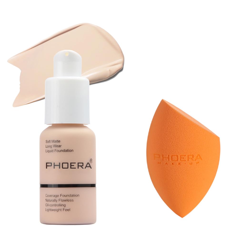 Phoera Foundation Makeup, Full Coverage, Soft Matte Oil Control Concealer, Liquid Foundation Long Lasting 24HR Waterproof 30ml (101 Porcelain & Makeup Sponge)
