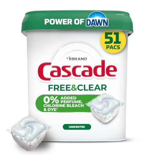 Cascade Free & Clear Dishwasher Detergent Pods, Dish Detergent Soap, 0% Added Perfume, Chlorine Beach & Dye, Unscented, 51 Count