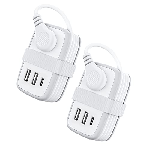 2 Pack Power Strip with USB C Ports, 2 Outlets 3 USB Ports, NTONPOWER Small Power Strip with 3ft Short Extension Cord Retractable, Compact Size for Travel Home Office Hotel Cruise Essentials, White