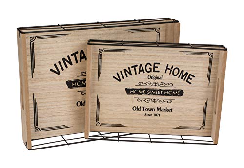 Lot de 2 plateaux en bois et métal avec inscription « Vintage Home », env. 34 x 24,8 cm et 28 x 20 cm
