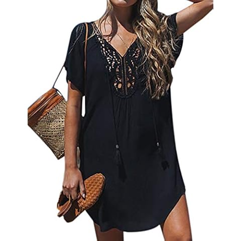 Naliha Women Beach Dress Tunic Short Sleeve Cover Ups Plus Size Mini Dresses Black M Cover