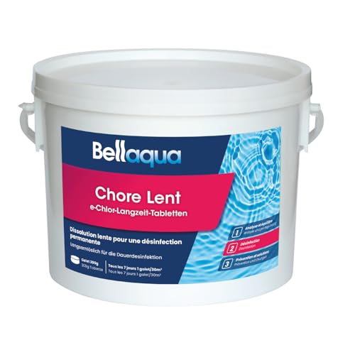 Bellaqua e-Chlore Lent 3kg – Galets de Chlore Piscine 200g – Désinfection Permanente à Dissolution Lente – Chlore Longue Durée pour Eau Claire et Saine