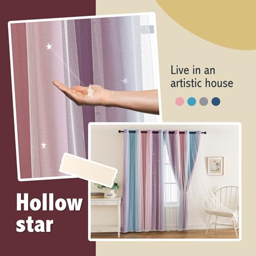Image of indistar Colourful Stripe Star Cut-Out Blackout Curtains for Bedroom,2 Layers Mix Design of Fabric & Tulle,Pretty Window Curtain for Kids Room 1 Panel (W52 x L63 Purple Pink Blue)