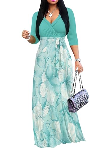 Image of Women's V Neck Floral Maxi Dress 3 /4 Sleeve Plus Size Boho Wrap Flowy Long Dresses with Belt