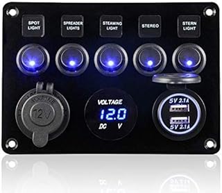 CT-CARID 12V/24V Toggle Switch Panel, 4.2A Dual USB Charger Port Lighter Socket Digital Voltmeter Display IP65 Waterproof Car Rocker Switches for Boat Car RV Vehicles Blue