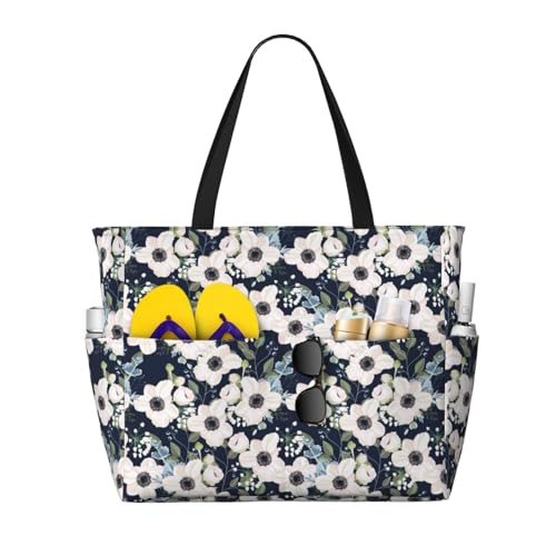 Large Beach Bags Water-resistant Sandproof - Floral Flowers Blue Cute Beach Tote Bags for Women with Zipper