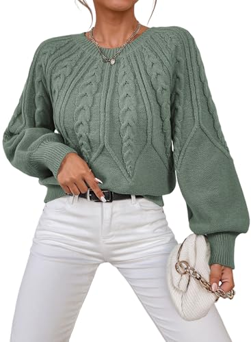 Dokotoo Womens Sweaters Crewneck Cable Knit Fall Outfits for Women 2025 Lantern Long Sleeve Shirts Chunky Fall Sweaters Loose Fashion Winter Cozy Green Tops Small
