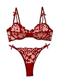 Lilosy Sexy Cute Underwire Push Up Strappy Heart Embroidered Mesh Sheer Lingerie Set for Women Bachelorette See Through Bra and Panty 2 Piece Bow Red Medium