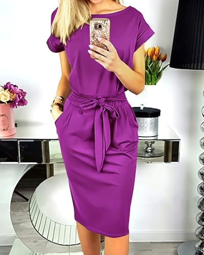 Image of PRETTYGARDEN Women's Summer Short Sleeve Crewneck Striped Dress Basic Solid Tie Waist Office T Shirt Dresses Pockets