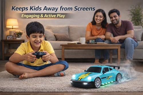 Image of 360 Remote Control Stunt Car for Kids | 1:24 RC Racing Drift Car with LED Lights, 2.4GHz Controller, Rechargeable Battery, Long Range 160ft | Gift Toy for Boys & Girls (Sky Blue)