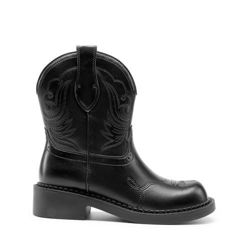 DREAM PAIRS Cowboy Cowgirl Boots for Women, Round Toe Embroidered Mid Calf Western Boots for Work, Country Concerts, Rodeos, Casual Outings,Size 9.5,Black,DWUMMB2509