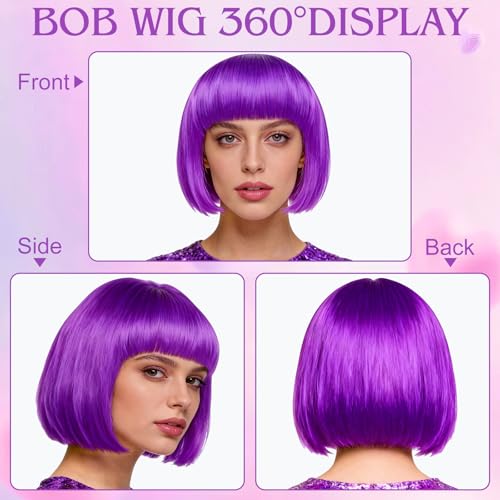 Image of MEEZY 2 Pcs Colorful Bob Wigs with Bangs Black Purple for Women, Neon Fun Wig Short Bob Hair with Heart Sunglasses Hair Cap for Halloween Costume Cosplay Photography Birthday Bachelorette Party