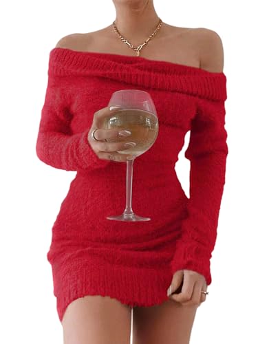 FAIRY SEASON Women's 2025 Off The Shoulder Sexy Bodycon Sweater Mini Dress Fall Winter Long Sleeve Slim Fit Party Club Short Dresses Red