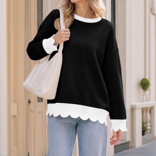 Black Sweatshirt for Women Cotton Crewneck Scalloped Hem Pullover Tops - image 2